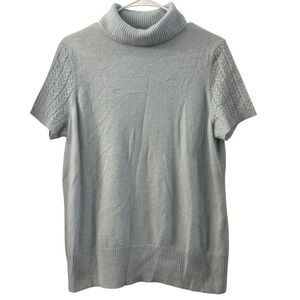 Precious Fibers Vintage Cashmere Short Sleeve Turtleneck Sweater Blue Cable Knit